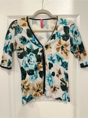 Charlotte Tarantola Floral V-Neck Button Cardigan in Teal, Brown & White
